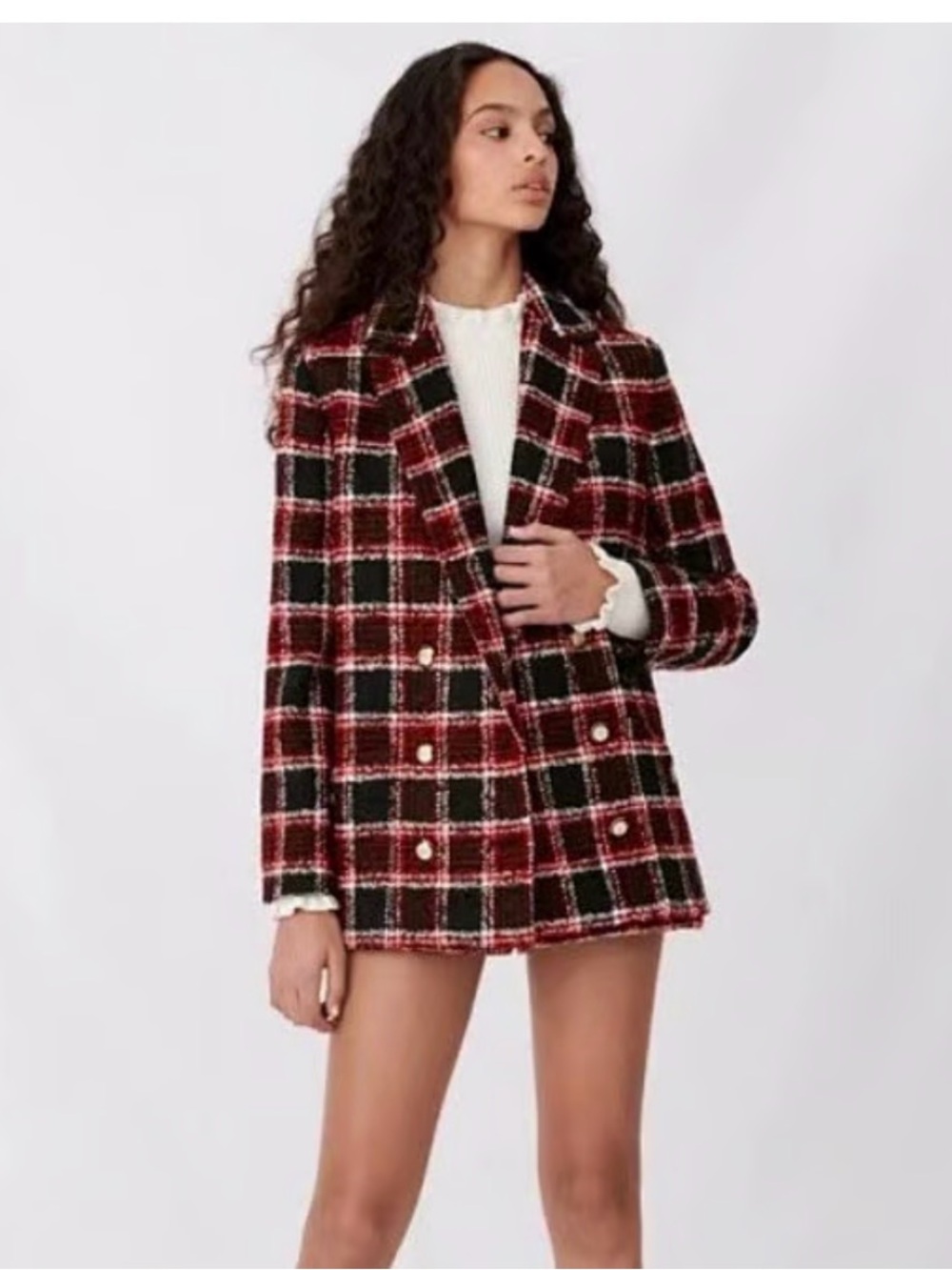 Maje Plaid Tweed Blazer Red & Black Plaid